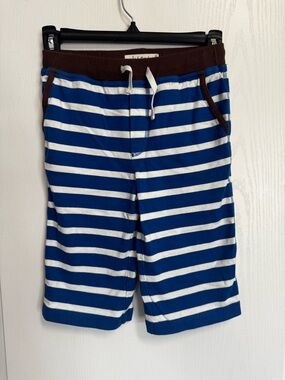 Mini Boden Blue and White Striped Drawstring Shorts with Brown Trim